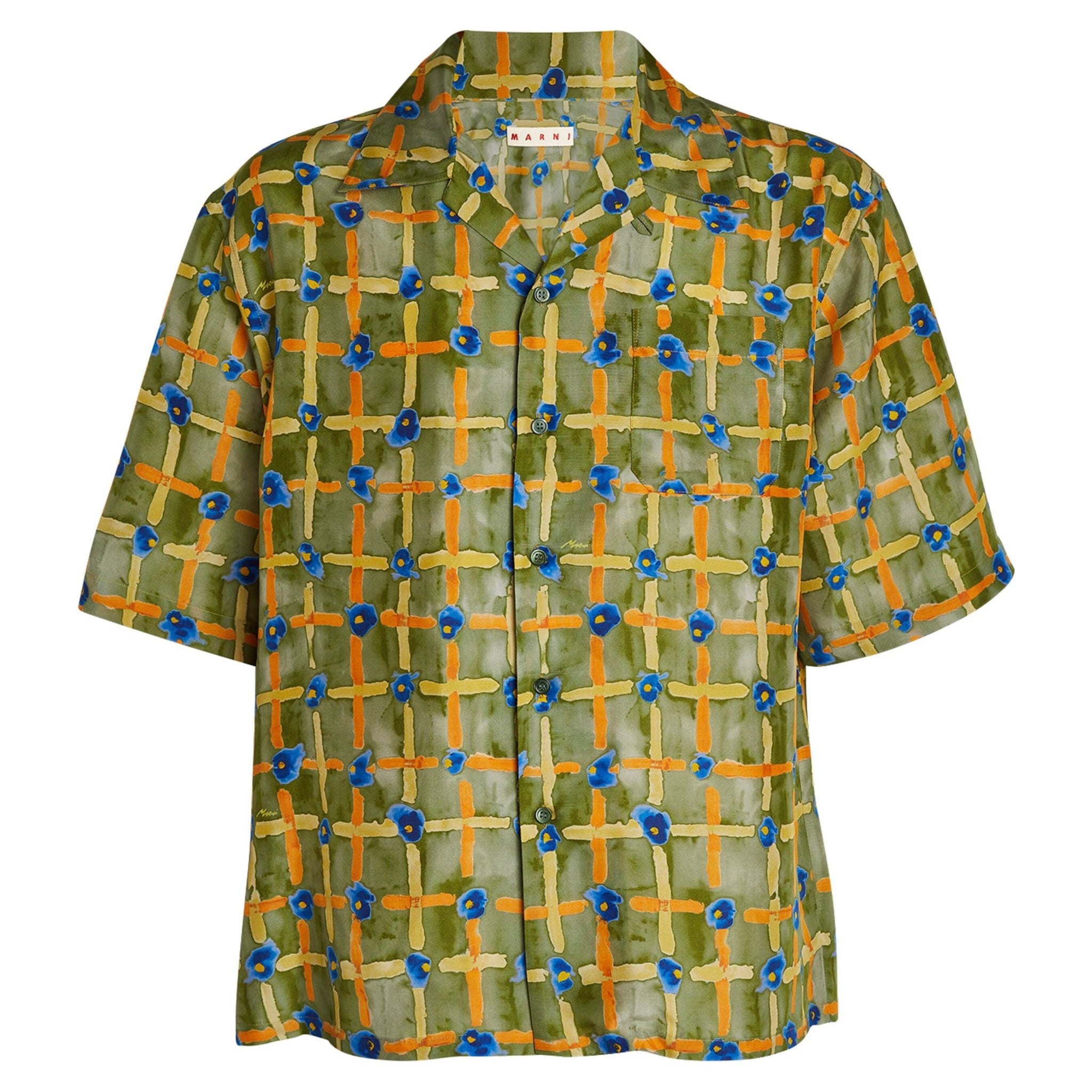 MARNI HABOTAI SILK BOWLING SHIRT WITH SARABAND PRINT LIGHT GREEN