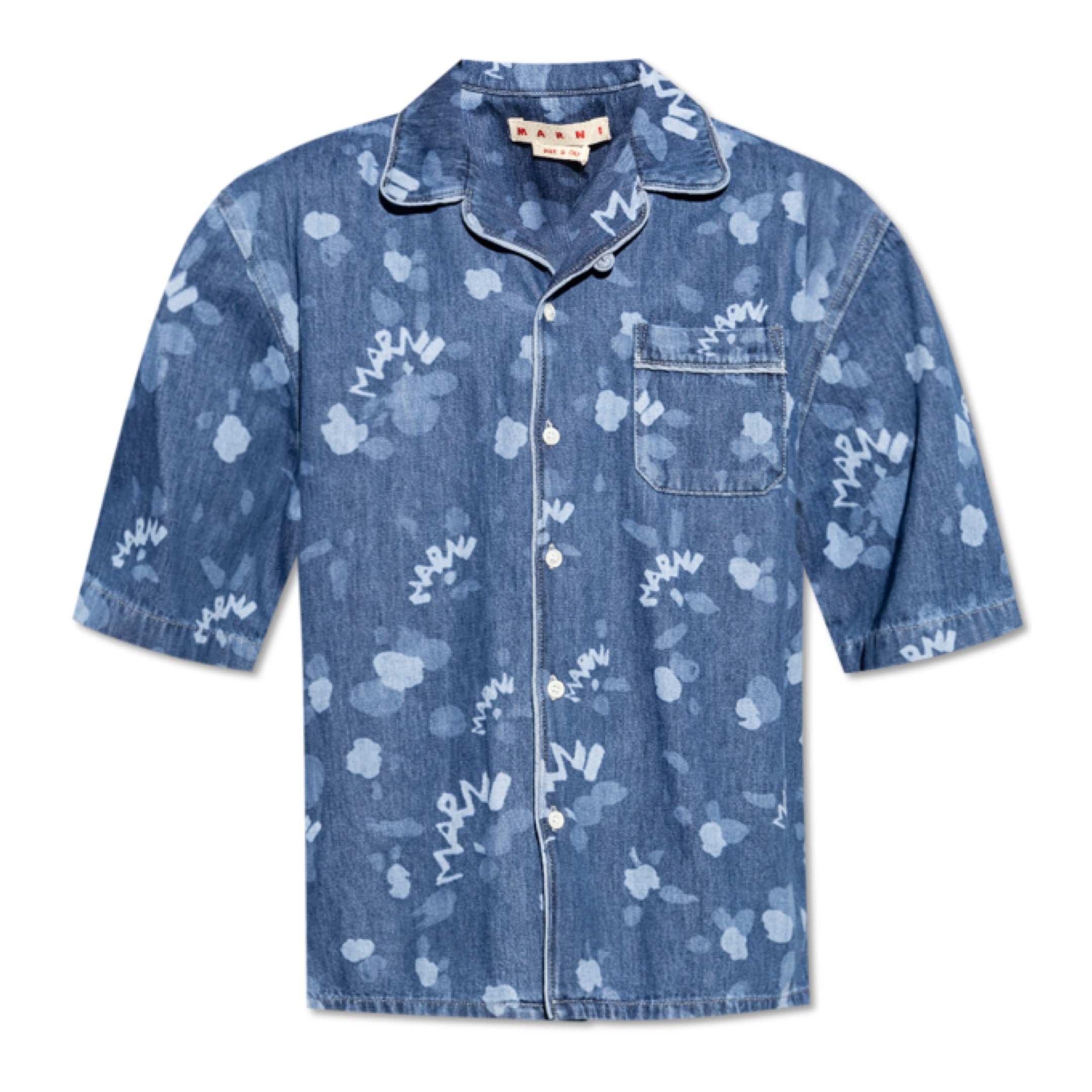 MARNI BLUE DENIM BOWLING SHIRT WITH MARNI DRIPPING PRINT