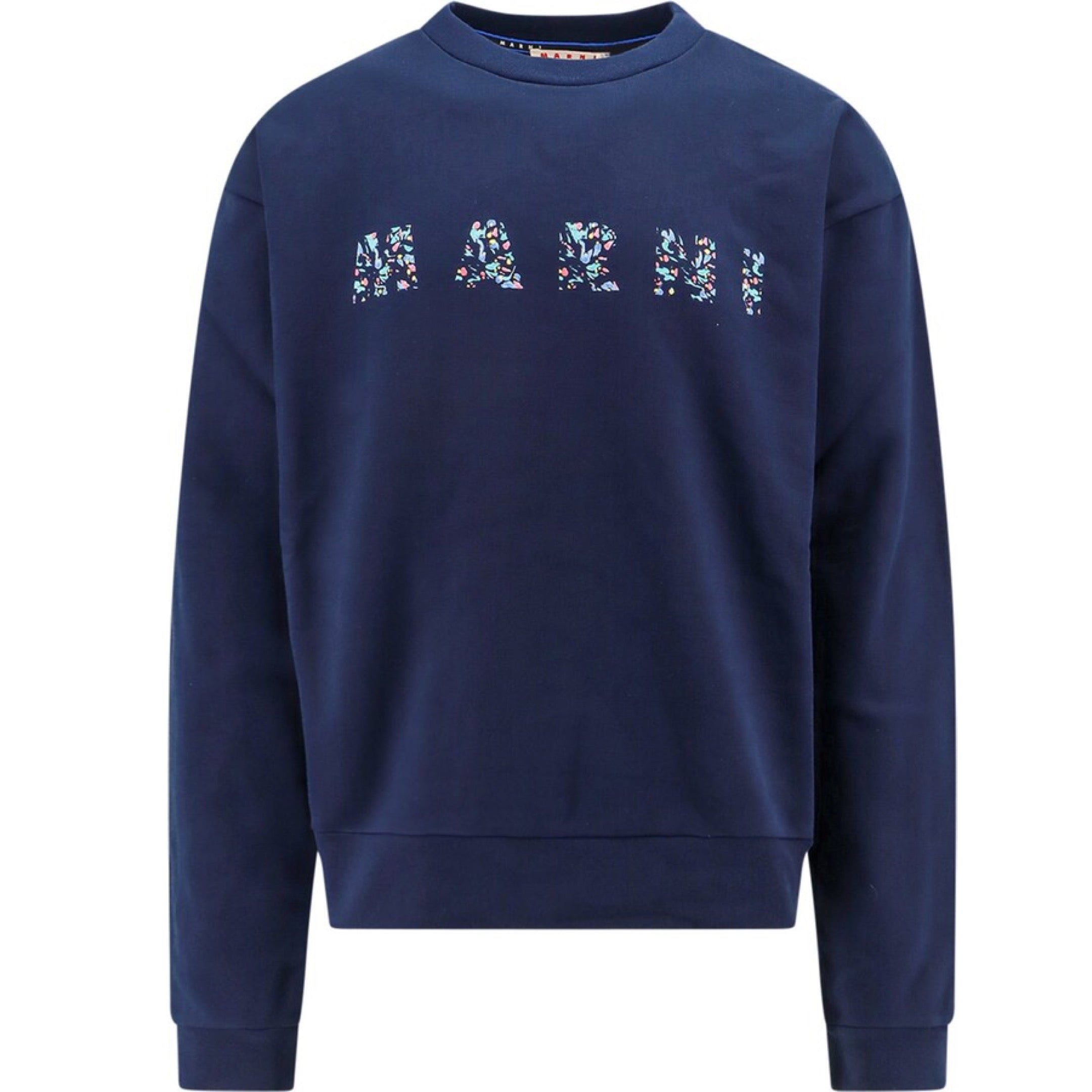 MARNI FLORAL LOGO LOOPBACK ORGANIC JERSEY BLUE KYANITE CREWNECK