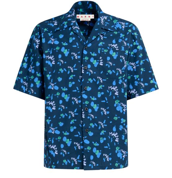 MARNI POPLIN BOWLING SHIRT WITH DRIPPING PRINT BLUE