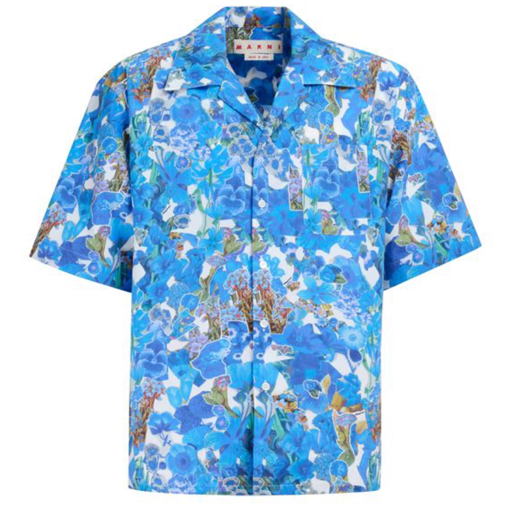 MARNI POPLIN BOWLING SHIRT WITH ALLEGRO BLUES PRINT BLUE